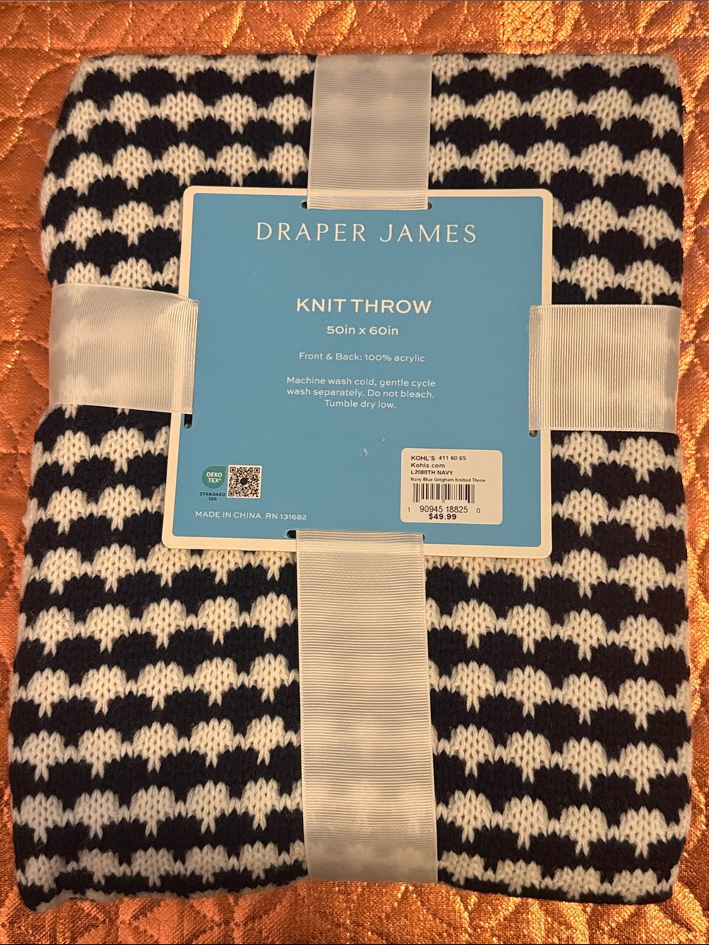Draper James 50”x60” Knit Throw in Navy and White NWT